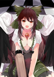  absurdres arm_cannon barefoot bird_wings black_bow black_wings blouse blush bow breasts brown_eyes brown_hair cape cleavage closed_eyes collared_shirt commentary_request control_rod feline female frilled_skirt frills full_body green_bow green_skirt hairbow highres kaenbyou_rin kaenbyou_rin_(cat) large_breasts long_hair looking_at_viewer nekomata niseneko_(mofumofu_ga_ienai) oerba_yun_fang open_mouth puffy_short_sleeves puffy_sleeves reiuji_utsuho shirt short_sleeves sitting skin_fang skirt smile third_eye touhou wariza weapon white_cape white_shirt wings 