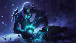  1boy absurdres armor artist_name backlighting blade blue_eyes bracer breasts dark_background female flower flower_bed gate highres league_of_legends lying mask on_back on_one_knee petals piscina syndra torn_mask white_hair withered_rose_syndra zed_(league_of_legends) 