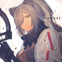  animal_ears arknights black_scarf breasts cat_ears character_name cleavage closed_mouth commentary crossbow earpiece expressionless eyes_visible_through_hair female grey_hair jacket long_hair looking_at_viewer medium_breasts one-hour_drawing_challenge open_clothes open_jacket parted_bangs ponytail scarf schwarz_(arknights) see-through sigma_eeco simple_background solo upper_body weapon white_background white_jacket yellow_eyes 