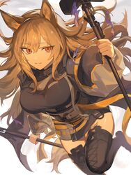  animal_ears arknights black_footwear black_jacket black_shirt black_thighhighs boots breasts ceobe_(arknights) closed_mouth commentary cowboy_shot dog_ears dual_wielding female fire grin hair_between_eyes highres holding holding_staff jacket large_breasts light_brown_hair long_hair looking_at_viewer material_growth open_clothes open_jacket orange_eyes oripathy_lesion_(arknights) purple_fire shirt sigma_eeco simple_background smile solo staff strap thigh_boots thighhighs thighs white_background zettai_ryouiki 