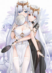  2girls armlet azur_lane black_dress blue_eyes bracelet breasts bright_pupils cleavage cleavage_cutout clothing_cutout covered_mouth covering_own_mouth cowboy_shot dress dual_persona duplicate emden_(azur_lane) emden_(moonsilver_union)_(azur_lane) groin hair_ornament hand_fan hand_up highres holding holding_fan hug hug_from_behind jewelry lace-trimmed_legwear lace_trim large_breasts long_hair looking_at_viewer multiple_girls no_panties official_alternate_costume pantyhose paper_fan pelvic_curtain pixel-perfect_duplicate qing_wu red_eyes standing thighband_pantyhose thighhighs tiara uchiwa very_long_hair white_dress white_hair white_pupils white_thighhighs 