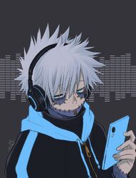  1boy alternate_costume black_background black_jacket blue_jacket boku_no_hero_academia burn_scar cellphone commentary dabi_(boku_no_hero_academia) grey_eyes grey_hair hand_up headphones highres holding holding_phone jacket male_focus messy_hair phone piercing scar short_hair signature smartphone solo spoilers symbol-only_commentary todoroki_touya upper_body yu_shi_(ametoki_ichi) 