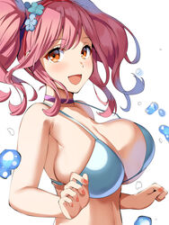  bangs banned_artist bare_shoulders belko bikini blue_bikini blush breasts choker cleavage collarbone female highres large_breasts long_hair looking_at_viewer open_mouth orange_eyes pink_hair sidelocks smile solo swimsuit twintails 