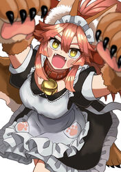  @_@ aiueo_(wtzr5742) animal_ear_fluff animal_ears animal_hands apron bell blush_stickers breasts cat_paws collar fangs fate/grand_order fate_(series) female fox_ears fox_girl fox_tail frilled_apron frills gloves hair_between_eyes hair_ribbon highres jingle_bell large_breasts long_hair looking_at_viewer looking_up maid maid_apron maid_headdress neck_bell open_mouth paw_gloves paw_shoes pink_hair ponytail red_eyes red_ribbon ribbon simple_background solo tail tamamo_(fate) tamamo_cat_(fate) tamamo_cat_(second_ascension)_(fate) waist_apron white_apron white_background yellow_eyes 