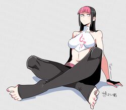  black_gloves black_hair black_pants blunt_bangs closed_mouth commentary_request eye_(mememem) feet female full_body gloves grey_background highres hime_cut indian_style juri_han legs midriff multicolored_hair nail_polish navel no_shoes pants partially_fingerless_gloves pink_eyes pink_hair pink_nails shirt simple_background sitting sleeveless sleeveless_shirt solo spread_toes stomach street_fighter street_fighter_v toeless_legwear toenail_polish toenails toes two-tone_hair white_shirt 