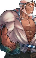  1boy abs aegir_(housamo) anchor_earrings aqua_hair bara beard blue_eyes commentary_request dark-skinned_male dark_skin earrings facial_hair fish_boy jewelry large_pectorals male_focus mature_male multicolored_hair muscular muscular_male noramoso pectorals short_hair single_earring solo streaked_hair tokyo_afterschool_summoners white_hair 