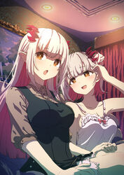  2girls absurdres black_dress blush breasts bright_pupils brown_shirt character_request colored_inner_hair commentary_request cone_hair_bun demon_girl dress dual_persona hair_bun hair_ornament highres indie_virtual_youtuber indoors kagawa_yuusaku large_breasts long_hair looking_at_viewer multicolored_hair multiple_girls open_mouth pointy_ears red_hair shirt sitting sleeveless sleeveless_dress smile suou_patra virtual_youtuber white_dress white_hair white_pupils yellow_eyes yuri 