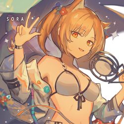  animal_ears arknights bikini blonde_hair breasts character_name cleavage commentary female flower fox_ears hair_flower hair_ornament holding holding_microphone jacket looking_at_viewer medium_breasts medium_hair microphone oerba_yun_fang off_shoulder official_alternate_costume one-hour_drawing_challenge open_clothes open_jacket open_mouth orange_eyes sigma_eeco simple_background smile solo sora_(arknights) sora_(summer_flowers)_(arknights) swimsuit swimsuit_cover-up twintails upper_body v white_background white_bikini white_jacket wristband 