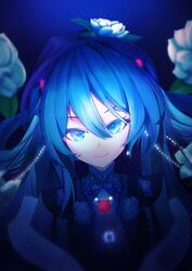  834588648 absurdres black_dress blue_background blue_eyes blue_hair closed_mouth commentary dress english_commentary female floating_hair flower hair_between_eyes hatsune_miku highres jasmine_(flower) long_hair looking_at_viewer miku_with_you_(vocaloid) smile solo vocaloid white_flower 