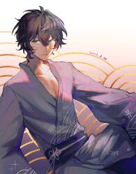  1boy alternate_costume axia_krone black_hair blue_eyes blue_kimono blue_sash closed_mouth dated dragonfly_print flower flower_brooch gradient_background highres japanese_clothes kimono komatsu2536 long_sleeves looking_at_viewer male_focus nijisanji patterned_background pectoral_cleavage pectorals purple_background sash short_hair sitting smile solo sparkle virtual_youtuber white_background white_flower wide_sleeves 