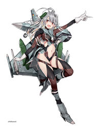  ahoge aircraft airplane airplane_wing blonde_hair blush breasts clothing_cutout cross eurofighter_typhoon female fighter_jet gloves grey_hair high_heels highres i.takashi iron_cross jet landing_gear looking_back mecha_musume medium_breasts military military_vehicle missile multicolored_hair navel original personification pointing solo stomach_cutout streaked_hair thighhighs white_background white_gloves 