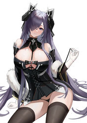  absurdres august_von_parseval_(azur_lane) azur_lane bikini black_bikini black_dress black_hair black_horns black_panties black_thighhighs blush breasts cleavage clothing_cutout coat commentary_request cross-laced_clothes cross-laced_dress detached_sleeves dress female fur-trimmed_coat fur_trim gloves hai_binggan hair_over_eyes hair_over_one_eye highres horns large_breasts long_hair looking_at_viewer panties sidelocks simple_background sitting smile solo swimsuit thighhighs thighs underwear very_long_hair white_background white_fur white_gloves 