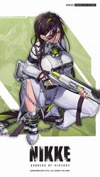  ankle_cuffs artist_request belt black_belt black_hair bodysuit bound bound_ankles bound_arms breasts chains character_name closed_eyes closed_mouth clothes_writing commentary_request copyright_name cuffs female full_body goddess_of_victory:_nikke green_hair grid_background guilty_(nikke) gun hair_between_eyes highres hobble holding holding_weapon large_breasts long_hair mikan03_26 multicolored_hair official_art pink_eyes restrained second-party_source shackles shotgun solo squatting standing straitjacket streaked_hair thigh_gap two-tone_hair very_long_hair weapon white_bodysuit white_footwear zoom_layer 