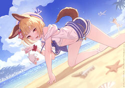  2girls all_fours animal_ears beach bent_over beret bikini blonde_hair blue_sky blush braid breasts commentary covered_nipples day dog_ears dog_tail erune flower granblue_fantasy hair_flower hair_ornament hat hibiscus highres jacket looking_at_viewer mouse_(animal) multiple_girls navel official_alternate_costume open_mouth outdoors palm_tree red_eyes red_flower short_hair sky small_breasts smile solo_focus swimsuit tail tree vajra_(granblue_fantasy) vajra_(summer)_(granblue_fantasy) vikala_(granblue_fantasy) water white_bikini white_headwear white_jacket yellowpaint. 