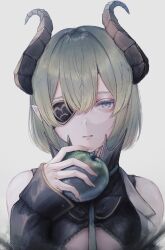  absurdres apple black_shirt blue_eyes breasts brown_horns closed_mouth commentary curled_horns demon_girl expressionless eyepatch female food fruit green_apple green_hair green_necktie grey_background hair_between_eyes highres holding holding_food holding_fruit horns looking_at_viewer medium_breasts nanashi_inc. necktie nemuneeeeeeeemu pointy_ears sekishiro_mico shirt short_hair simple_background sleeveless sleeveless_shirt solo symbol-only_commentary underboob upper_body virtual_youtuber 