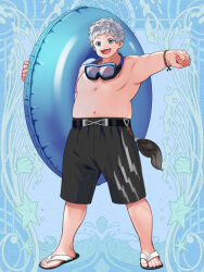  1boy :d black_male_swimwear blue_background blue_eyes clenched_hand dairoku_ryouhei goggles goggles_around_neck grey_hair highres holding holding_swim_ring innertube male_swimwear navel plump quyiyong sandals short_hair smile solo standing suzuka_koharu swim_ring swim_trunks wristband 