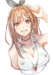  :d atelier_(series) atelier_ryza atelier_ryza_3 beret black_choker black_ribbon breasts brown_eyes brown_hair choker cleavage collared_shirt commentary female hair_ornament hairclip hand_up hat highres jewelry large_breasts le21day looking_at_viewer necklace open_mouth reisalin_stout ribbon shirt short_hair simple_background smile solo symbol-only_commentary upper_body white_background white_shirt 