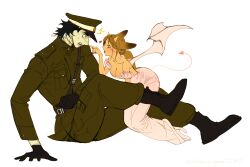  1boy absurdres animal_ears arthurlogansdps black_hair boots brown_hair commentary_request demon_girl demon_horns demon_tail demon_wings dog_ears dog_girl dress fangs female finger_to_another&#039;s_nose full_body highres horns korean_commentary long_hair looking_at_another military_uniform original pink_dress ponytail scar scar_on_neck short_hair simple_background sitting straight tail white_background wings 