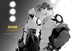  2boys ango_(f_ango) bara cherry_blossom_(sk8) fingerless_gloves gloves greyscale jacket japanese_clothes jewelry joe_(sk8) looking_at_another male_focus mask monochrome multiple_boys muscular muscular_male necklace no_nipples pectorals ponytail short_hair short_ponytail shoulder_tattoo sk8_the_infinity skateboard smile sun_tattoo tan tattoo upper_body 