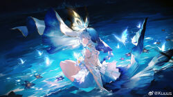  bare_legs bare_shoulders black_sky blake_bloom_(wuthering_waves) blue_butterfly blue_hair blue_theme blue_veil bug butterfly chinese_commentary closed_mouth colored_eyelashes commentary_request dress female from_behind highres kuuus legs_together long_hair looking_at_viewer night purple_eyes sitting sky sleeveless sleeveless_dress smile solo the_shorekeeper_(wuthering_waves) two-tone_veil veil water weibo_logo weibo_watermark white_dress white_veil wuthering_waves 