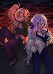  2girls absurdres ahoge akita_neru belt black_choker blonde_hair blue_pants blue_ribbon blue_scrunchie blue_shirt breasts can chain-link_fence choker cleavage commentary cropped_jacket ear_chain english_commentary fence full_body green_jacket grey_shirt habbaniceday hair_between_eyes hair_intakes hair_ornament hair_ribbon hair_scrunchie hairband hand_in_pocket highres holding holding_can holding_phone jacket jewelry large_breasts looking_at_another multiple_girls navel_piercing necklace pants phone piercing purple_belt purple_pants red_eyes ribbon scrunchie shirt side_ponytail sleeveless sleeveless_shirt standing sunset vocaloid white_hair white_jacket yellow_eyes yowane_haku zipper 