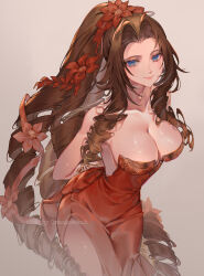  aerith_gainsborough aerith_gainsborough_(red_dress) artist_name bare_shoulders blue_eyes breasts brown_hair cleavage collarbone cowboy_shot dress female final_fantasy final_fantasy_vii final_fantasy_vii_rebirth final_fantasy_vii_remake flower hair_flower hair_ornament highres large_breasts long_hair looking_at_viewer orange_sekaii red_dress simple_background smile solo very_long_hair 