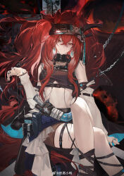  absurdres animal_ears arknights bare_shoulders belt_pouch black_background black_headband black_shirt brown_ribbon brown_shorts chains crop_top crossed_bangs crossed_legs detached_sleeves earrings feet_out_of_frame female headband highres holding holding_string jewelry knife leg_ribbon long_hair looking_at_viewer midriff mrilsweet narantuya_(arknights) pouch red_eyes red_hair ribbon ring sheath sheathed shirt short_shorts shorts sitting sleeveless sleeveless_shirt smile solo string very_long_hair weibo_logo weibo_watermark 