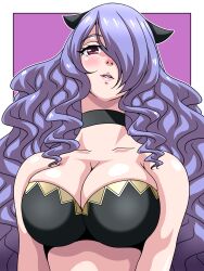  black_choker blush border breasts camilla_(fire_emblem) choker female fire_emblem fire_emblem_fates hair_over_one_eye highres inaba_(tensai21) large_breasts long_hair looking_at_viewer portrait purple_background purple_hair simple_background solo sports_bra two-tone_background upper_body wavy_hair white_border 