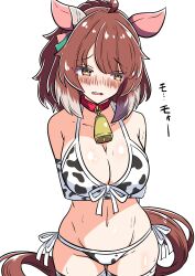  absurdres akkunz animal_ears animal_print bell bikini blush breasts brown_hair commentary_request cow_print cow_print_bikini cowbell dantsu_flame_(umamusume) ear_covers highres horse_ears horse_girl horse_tail large_breasts looking_to_the_side multicolored_hair navel neck_bell print_bikini side-tie_bikini_bottom simple_background sweat swimsuit tail two-tone_hair umamusume white_background white_bikini white_hair yellow_eyes 