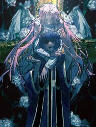  2boys arms_around_neck black_background blood blood_from_mouth blood_on_face blue_coat blue_hair chinese_commentary closed_eyes coat commentary_request cross feathered_wings flower gold_trim hatsutori_hajime heyao79422 highres long_hair long_sleeves male_focus multiple_boys open_mouth parted_bangs pink_hair rose saibou_shinkyoku shirt short_hair stole utsugi_noriyuki variant_set very_long_hair white_flower white_rose white_shirt white_wings wide_sleeves wings 