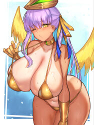  absurdres animal_hat bare_shoulders bb_(fate) bikini blush breasts cleavage collarbone detached_collar elbow_gloves fate/grand_order fate_(series) female gloves gold_bikini gold_gloves gold_ribbon golden_bb_(fate) hair_ribbon hat highres large_breasts leaning_forward long_hair looking_at_viewer navel one_eye_closed puckered_lips purple_hair rabbit_hat radishkek ribbon solo swimsuit tan tanlines thighs variant_set very_long_hair wings yellow_eyes 