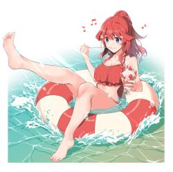  barefoot bikini blue_eyes blush breasts closed_mouth collarbone cup eating feet female food frilled_bikini frills fruit full_body go-toubun_no_hanayome hair_ornament holding holding_cup innertube leg_up legs medium_breasts musical_note nakano_itsuki ocean outdoors parfait red_bikini red_hair smile soles solo splashing star_(symbol) star_hair_ornament strawberry swim_ring swimsuit toenails toes yuuri_(orz_commushows) 