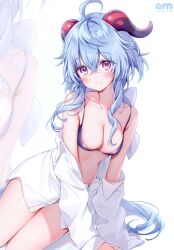  absurdres ahoge amaki_ruto artist_name bare_shoulders blue_hair blush bra breasts cleavage closed_mouth collarbone female ganyu_(genshin_impact) genshin_impact highres horns long_hair looking_at_viewer medium_breasts off_shoulder purple_eyes scan shiny_skin shirt simple_background sitting smile underwear white_shirt 