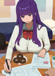  1boy bag bed blunt_bangs breast_rest breasts button_gap chinese_commentary commentary contemporary cup doughnut eraser fatzhai female fern_(sousou_no_frieren) food food_on_face highres large_breasts long_hair neck_ribbon open_mouth paper pov purple_eyes purple_hair ribbon school_bag school_uniform solo_focus sousou_no_frieren sweatdrop 