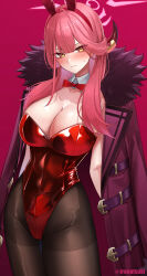  alternate_costume aru_(blue_archive) black_pantyhose blue_archive blush breasts brown_horns cleavage coat commentary_request detached_collar female halo highres horns ironatsuki large_breasts leotard long_hair looking_at_viewer pantyhose playboy_bunny purple_coat red_leotard solo strapless strapless_leotard twitter_username yellow_eyes 