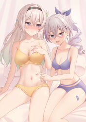  2girls :d bandaid bandaid_on_leg bare_shoulders black_hairband blue_pupils blush bow bra breasts cleavage closed_mouth collarbone commentary_request crossed_bangs drill_hair drill_ponytail ear_piercing finger_to_another&#039;s_stomach firefly_(honkai:_star_rail) gradient_hair green_hair green_pupils grey_eyes grey_hair hair_behind_ear hair_between_eyes hair_ornament hairband hairbow hairclip hand_on_own_chest highres honkai:_star_rail honkai_(series) indoors large_breasts long_hair looking_at_another medium_breasts multicolored_hair multiple_girls nail_polish navel on_bed open_mouth panties piercing poking purple_bow purple_bra purple_eyes purple_nails purple_panties saito_(pigrank) silver_wolf_(honkai:_star_rail) sitting smile stomach underwear underwear_only white_hair yellow_bra yellow_panties 