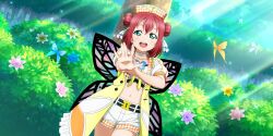  absurdres butterfly_wings choker collarbone dancing female game_cg green_eyes hat highres insect_wings kurosawa_ruby love_live! love_live!_school_idol_festival_all_stars love_live!_sunshine!! navel official_art open_hand open_mouth red_hair short_shorts shorts tree white_choker white_shorts wings 