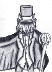  2010 absurd_res anthro beard black_nose black_tie_(suit) bow_tie button_(fastener) cane canid canine canis cape claws clothing facial_hair fur glistening glistening_nose gloves handwear hat headgear headwear hi_res looking_down male mammal schreckengast simple_background solo suit top_hat traditional_media_(artwork) whisker_spots white_background wolf 