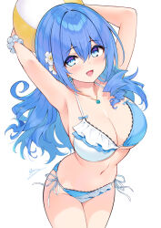  armpits arms_behind_head arms_up ball bare_shoulders beachball bikini blue_bikini blue_eyes blue_hair breasts cleavage cowboy_shot cu-no female halterneck highres hisen_kaede holding holding_ball jewelry kohitsuji_ai large_breasts long_hair looking_at_viewer navel necklace open_mouth scrunchie side-tie_bikini_bottom simple_background smile solo standing stomach string_bikini swimsuit thighs two-tone_bikini white_background white_bikini wrist_scrunchie 