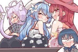  4girls against_fourth_wall against_glass alternate_costume animal_ears ass ass_press black_dress blue_hair blush_stickers cat_ears cat_girl cat_tail commentary dress english_commentary floral_print floral_print_dress flower hair_flower hair_ornament half_up_braid highres hiodoshi_ao hololive hololive_grand_theft_auto houshou_marine kukie-nyan long_hair multiple_girls nekomata_okayu oerba_yun_fang pink_dress pointy_ears purple_eyes purple_hair red_eyes red_hair short_hair tail virtual_youtuber yukihana_lamy 