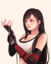  adjusting_clothes adjusting_gloves bare_shoulders black_gloves black_hair black_sports_bra breasts closed_mouth collarbone crop_top earrings elbow_gloves elbow_pads english_commentary female final_fantasy final_fantasy_vii final_fantasy_vii_rebirth final_fantasy_vii_remake fingerless_gloves glint gloves hair_behind_ear hanaflans hand_up jewelry large_breasts lips long_hair midriff open_hand pink_lips red_eyes simple_background single_arm_guard single_earring single_elbow_pad single_sidelock solo sports_bra swept_bangs tank_top teardrop_earrings tifa_lockhart twitter_username upper_body white_tank_top 