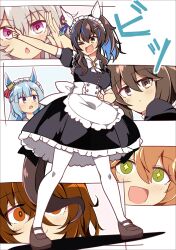  &gt;_o 6+girls admire_vega_(umamusume) agnes_tachyon_(umamusume) alternate_costume animal_ears black_dress blue_hair bow brown_hair chestnut_mouth colored_inner_hair commentary_request curren_chan_(umamusume) daitaku_helios_(umamusume) dress ear_covers ear_ornament ear_piercing enmaided frilled_dress frills full_body green_eyes grey_hair hair_ornament hairclip highres horse_ears horse_girl horse_tail loafers long_sleeves looking_at_viewer maid maid_headdress matikanefukukitaru_(umamusume) mejiro_ardan_(umamusume) multicolored_hair multiple_girls one_eye_closed open_mouth pantyhose piercing pink_eyes pointing shoes side_ponytail simple_background smile standing streaked_hair tail umamusume wahiko_(black_bastard) white_background white_bow white_pantyhose yellow_eyes 