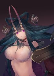  bare_shoulders bow-shaped_hair bra breasts brooch cleavage commentary_request detached_collar fate/samurai_remnant fate_(series) feather_hair female gradient_horns green_hair hair_ornament hairpin highres horns jewelry large_breasts long_hair looking_at_viewer multicolored_horns parted_lips pink_eyes pink_horns purple_background quel_zo rogue_berserker_(fate/samurai_remnant) simple_background skin-covered_horns solo underwear upper_body white_bra 