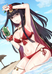  absurdres armpits beach bikini black_cape black_eyes black_hair blue_sky blunt_bangs breasts cape circlet cleavage cloud commentary_request female fingernails fire_emblem fire_emblem_awakening fire_emblem_heroes gold_trim highres holding jewelry large_breasts long_hair looking_at_viewer navel official_alternate_costume otokajife outdoors red_bikini red_cape red_nails sand shaded_face sitting sky solo stomach swimsuit tharja_(fire_emblem) tharja_(summer)_(fire_emblem) two-tone_cape two_side_up water 