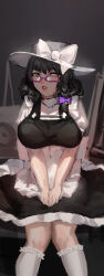  absurdres apron black_hair black_skirt black_vest bow braid breasts commentary_request cookie_(touhou) cosplay d_tomoki feet_out_of_frame female freckles frilled_skirt frills grey_background grey_hat hairbow hat hat_bow highres kirisame_marisa kirisame_marisa_(cosplay) knees_together_feet_apart large_breasts looking_at_viewer pink-framed_eyewear purple_bow short_hair side_braid single_braid skirt socks solo touhou uzuki_(cookie) vest waist_apron white_apron white_bow white_socks 