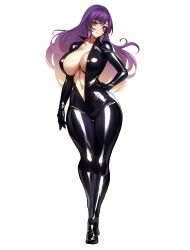  biker_clothes bikesuit black_footwear black_gloves bodysuit boots breasts brown_hair center_opening closed_mouth commentary_request full_body gloves gradient_hair hand_on_own_hip highres hijiri_byakuren large_breasts latex latex_bodysuit long_hair looking_at_viewer multicolored_hair purple_hair simple_background skin_tight smile touhou turbo_byakuren volyz white_background 