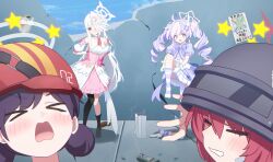  >_< 4girls absurdres ahoge altyn_helmet bag black_hair blue_archive bow bowtie closed_eyes combat_helmet commentary_request corset detached_sleeves double_bun dressing drill_hair gloves grey_wings hair_between_eyes hair_bun hair_ornament halo head_wings helmet helmet_gangster_(blue_archive) highres hinalove0219 long_hair magical_girl multicolored_hair multiple_girls official_alternate_costume open_mouth outdoors pantyhose paper_bag pink_corset pink_hair puffy_short_sleeves puffy_sleeves purple_bow purple_bowtie purple_eyes purple_hair purple_halo rabu_(blue_archive) red_eyes red_hair reisa_(blue_archive) reisa_(magical)_(blue_archive) short_sleeves single_head_wing single_wing star_(symbol) star_hair_ornament star_halo striped_clothes striped_pantyhose suzumi_(blue_archive) suzumi_(magical)_(blue_archive) twin_drills twintails two-tone_hair upper_body very_long_hair white_gloves white_hair wings 