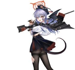  absurdres black_pantyhose black_skirt black_tail black_wings blue_archive blush braid breasts chinese_commentary commentary_request demon_tail demon_wings fake_wings female floating_clothes floating_jacket gang_shi_shao_e_fan grey_hair gun h&amp;k_psg1 halo hand_on_own_hip hand_up haruna_(blue_archive) high-waist_skirt highres holding holding_gun holding_weapon jacket jacket_on_shoulders long_hair looking_at_viewer looking_back medium_breasts open_mouth pantyhose piercing red_eyes red_halo rifle shirt side_braid simple_background single_wing skindentation skirt smile sniper_rifle solo tail teeth thighband_pantyhose torn_clothes torn_pantyhose upper_teeth_only weapon white_background white_shirt wing_piercing wings 