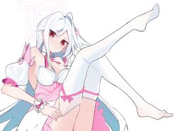  absurdres bare_shoulders blue_archive blush breasts chinese_commentary commentary_request crescent crescent_hair_ornament detached_sleeves dress female gang_shi_shao_e_fan hair_ornament halo head_wings highres legs_up long_hair looking_at_viewer magical_girl official_alternate_costume pink_halo puffy_short_sleeves puffy_sleeves red_eyes ribbon-trimmed_thighhighs ribbon_trim short_sleeves simple_background single_head_wing single_wing sparkle_earrings strapless strapless_dress suzumi_(blue_archive) suzumi_(magical)_(blue_archive) thighhighs thighhighs_pull white_background white_hair white_thighhighs white_wrist_cuffs wing_ornament wings wrist_cuffs 