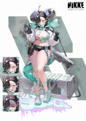  >_< absurdres ahoge aqua_gloves bandaid bandaid_on_knee bandaid_on_leg belt belt_pouch black_gloves black_hair black_shorts blue_eyes blush breasts buckle closed_eyes closed_mouth colored_shoe_soles commentary_request female full_body gloves goddess_of_victory:_nikke graffiti hair_between_eyes hair_over_one_eye hammer highres holding holding_tablet_pc huge_breasts iri/yin_lang logo long_hair long_sleeves looking_at_viewer micro_shorts monster_girl multicolored_gloves multiple_expressions navel open_mouth original parted_lips pouch rocket_launcher see-through_cleavage see-through_clothes shoes shorts shrug_(clothing) slime_girl slime_hair snap-fit_buckle solo standing standing_on_one_leg stomach sweat symbol-shaped_pupils tablet_pc tearing_up twintails two-tone_gloves utility_belt weapon white_shoes white_shrug wrench zoom_layer 